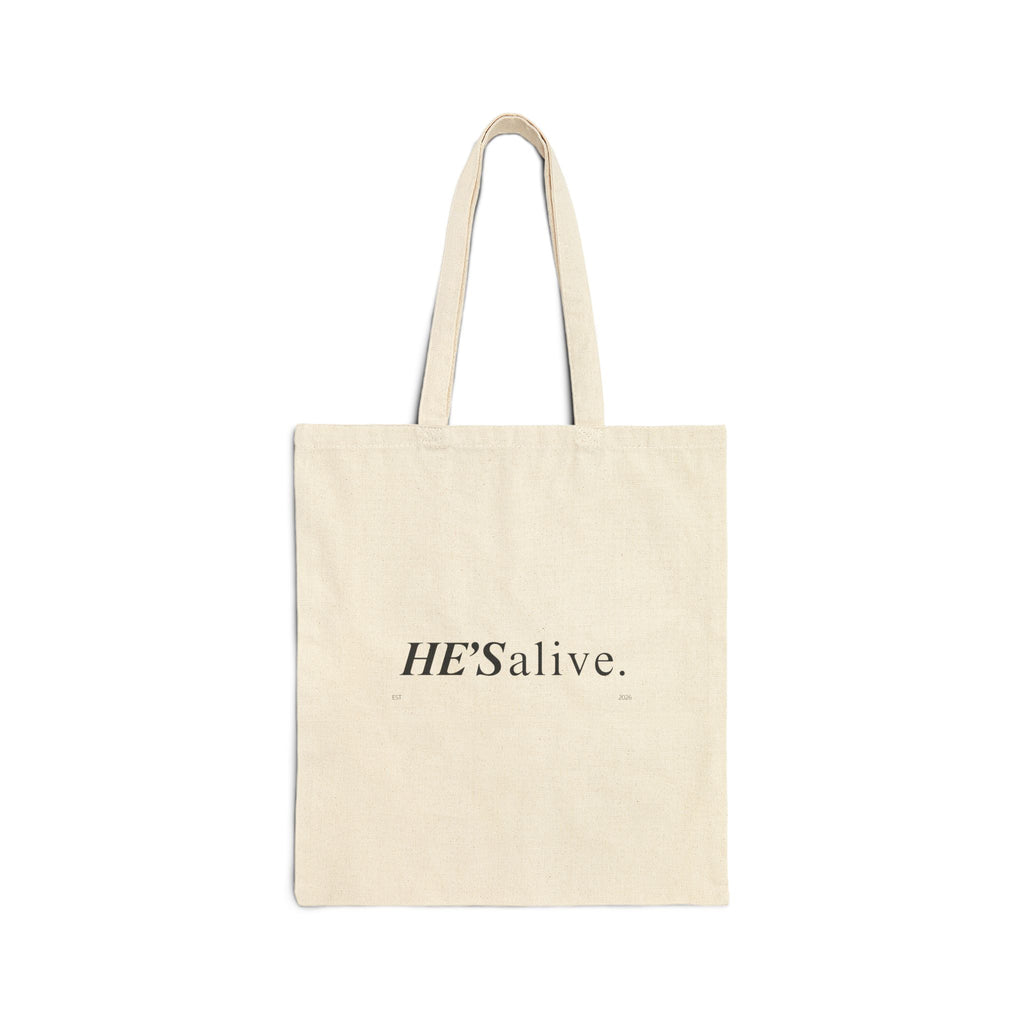 HE'S Alive Cotton Tote Bag — Religious Scripture Faith Canvas Shopper