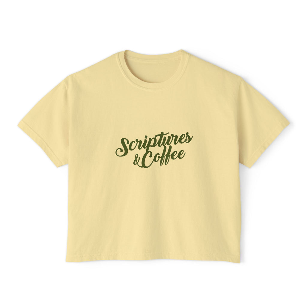 Scriptures & Coffee Women's Boxy Tee — Faith-Based Minimalist Graphic Shirt