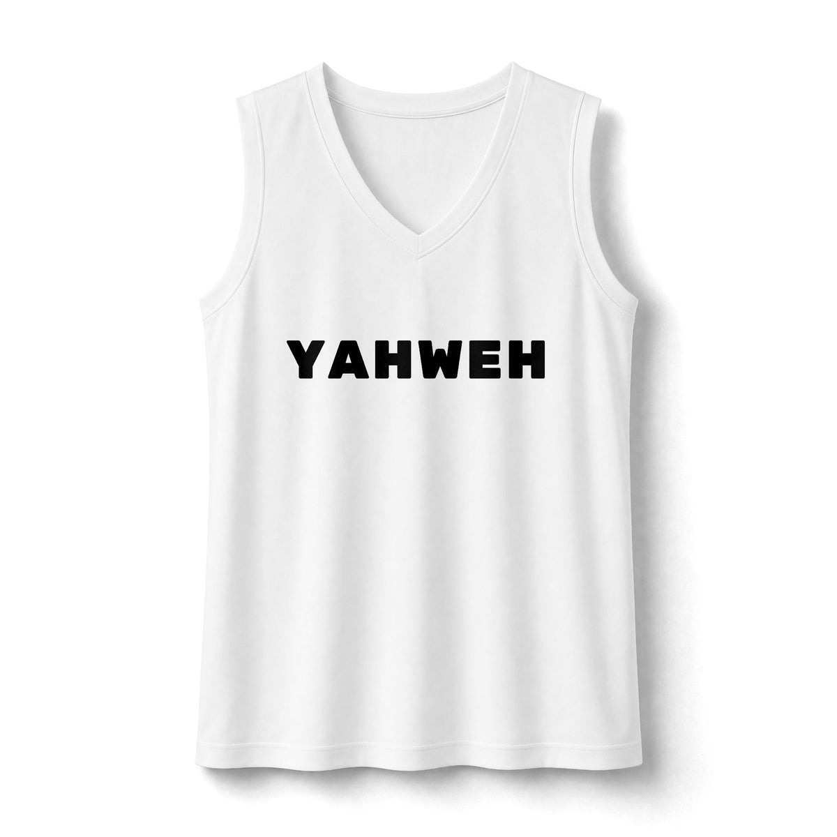 Yahweh V-Neck Sports Top — Black Letters Sleeveless Tee