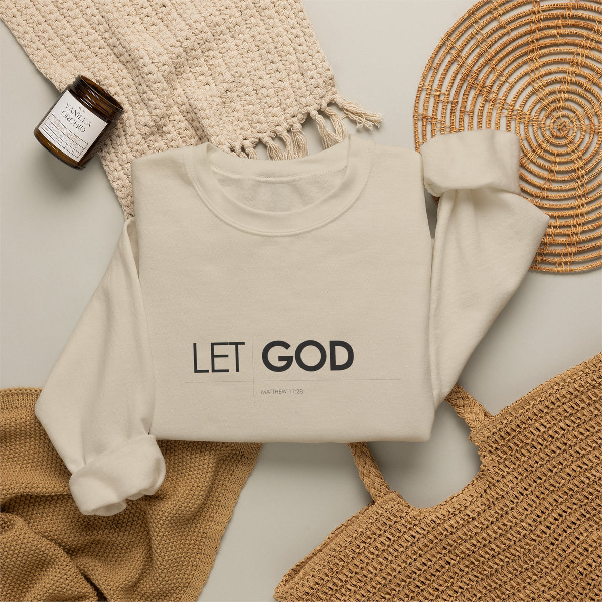 Let God Matthew 11:28 Crewneck Sweatshirt — Minimal Christian Faith Pullover