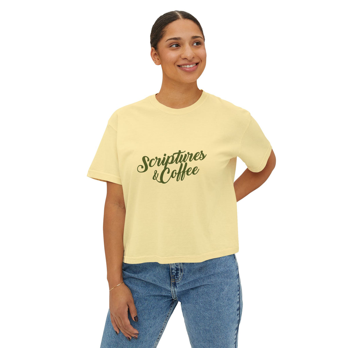 Scriptures & Coffee Women's Boxy Tee — Faith-Based Minimalist Graphic Shirt