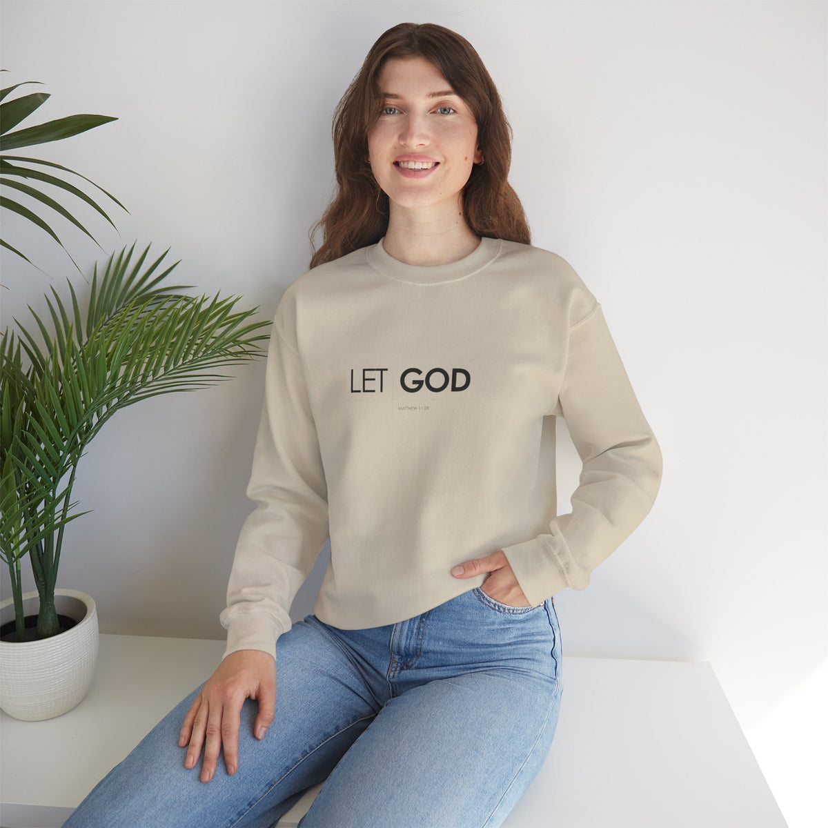 Let God Matthew 11:28 Crewneck Sweatshirt — Minimal Christian Faith Pullover