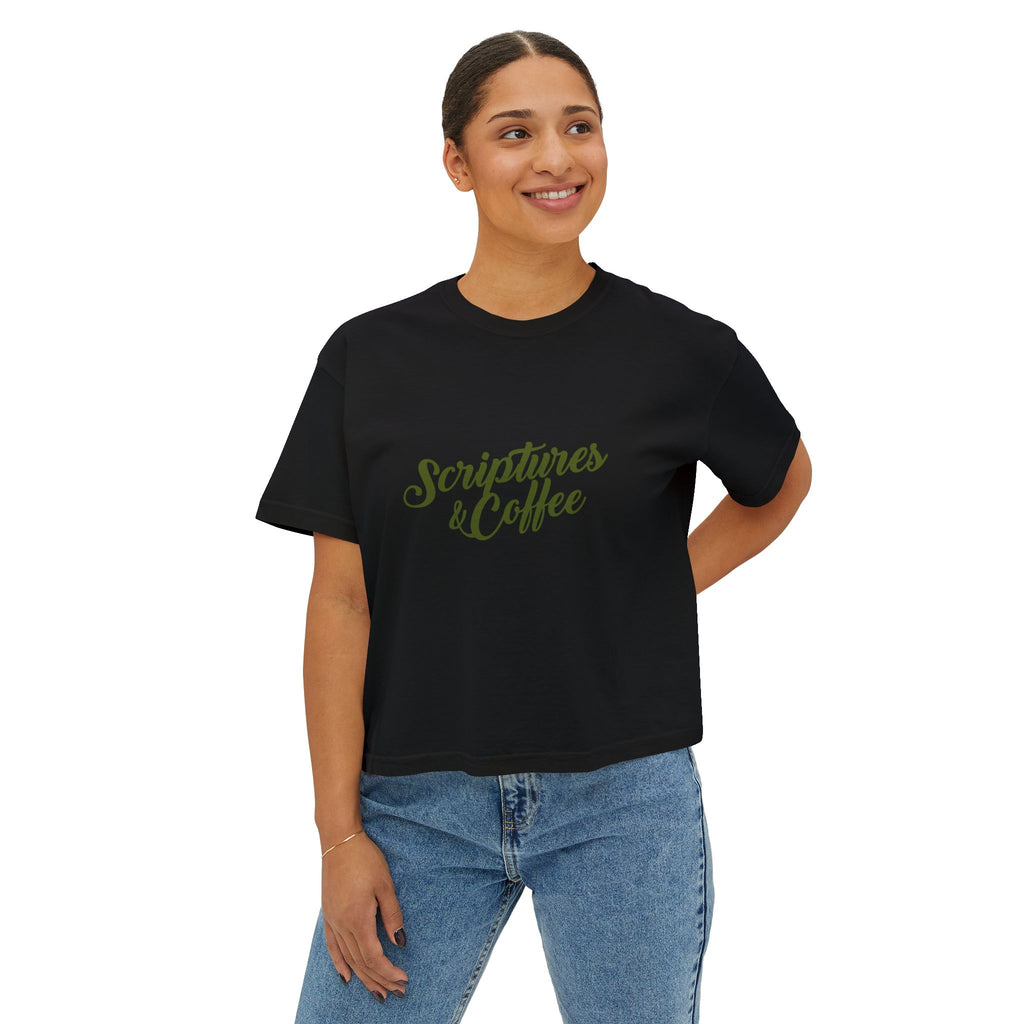 Scriptures & Coffee Women's Boxy Tee — Faith-Based Minimalist Graphic Shirt