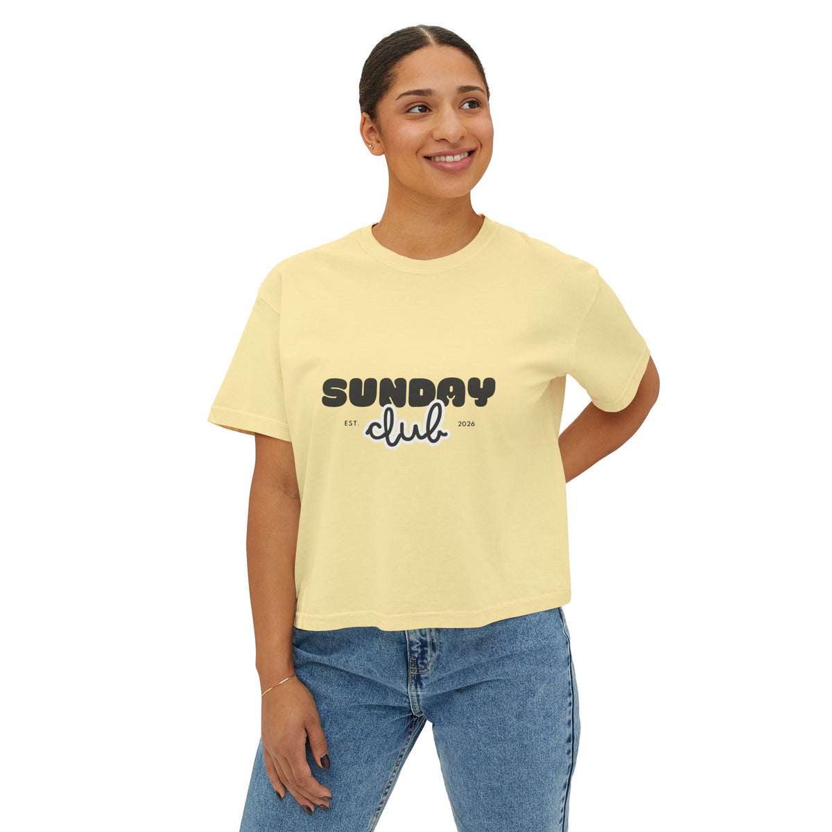 Sunday Club Women’s Boxy Tee — Casual Weekend Graphic Shirt