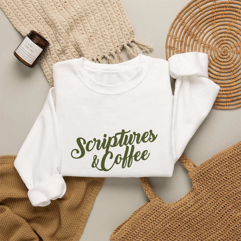 Scriptures & Coffee Crewneck Sweatshirt – Christian Faith & Coffee Graphic Pullover