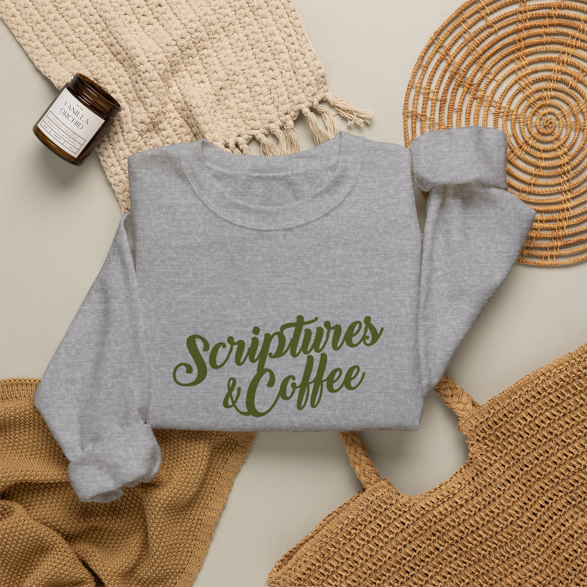 Scriptures & Coffee Crewneck Sweatshirt – Christian Faith & Coffee Graphic Pullover
