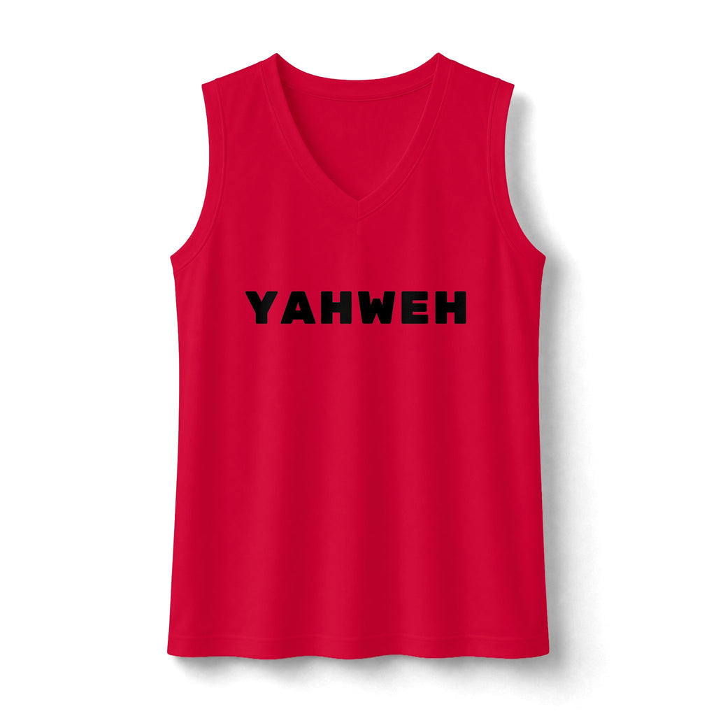 Yahweh V-Neck Sports Top — Black Letters Sleeveless Tee