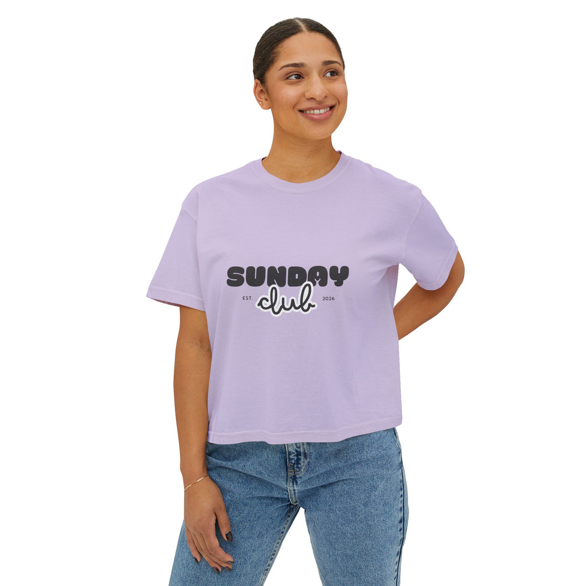 Sunday Club Women’s Boxy Tee — Casual Weekend Graphic Shirt
