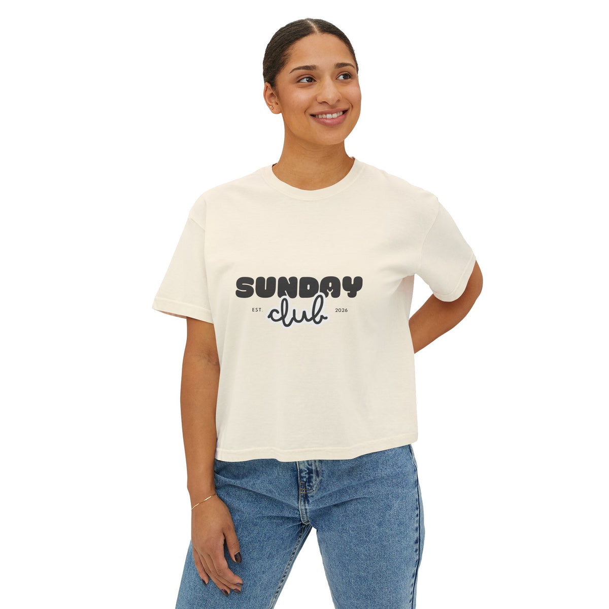 Sunday Club Women’s Boxy Tee — Casual Weekend Graphic Shirt