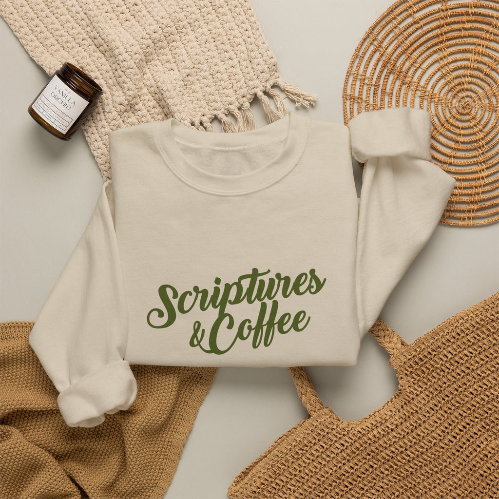 Scriptures & Coffee Crewneck Sweatshirt – Christian Faith & Coffee Graphic Pullover