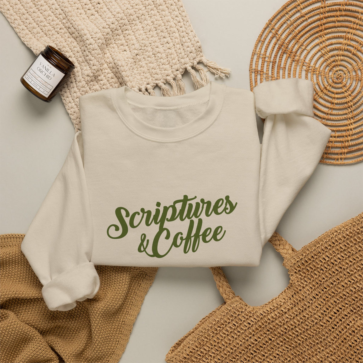 Scriptures & Coffee Crewneck Sweatshirt – Christian Faith & Coffee Graphic Pullover