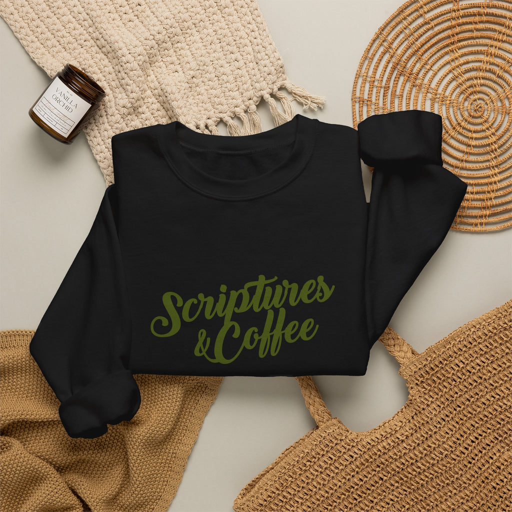 Scriptures & Coffee Crewneck Sweatshirt – Christian Faith & Coffee Graphic Pullover