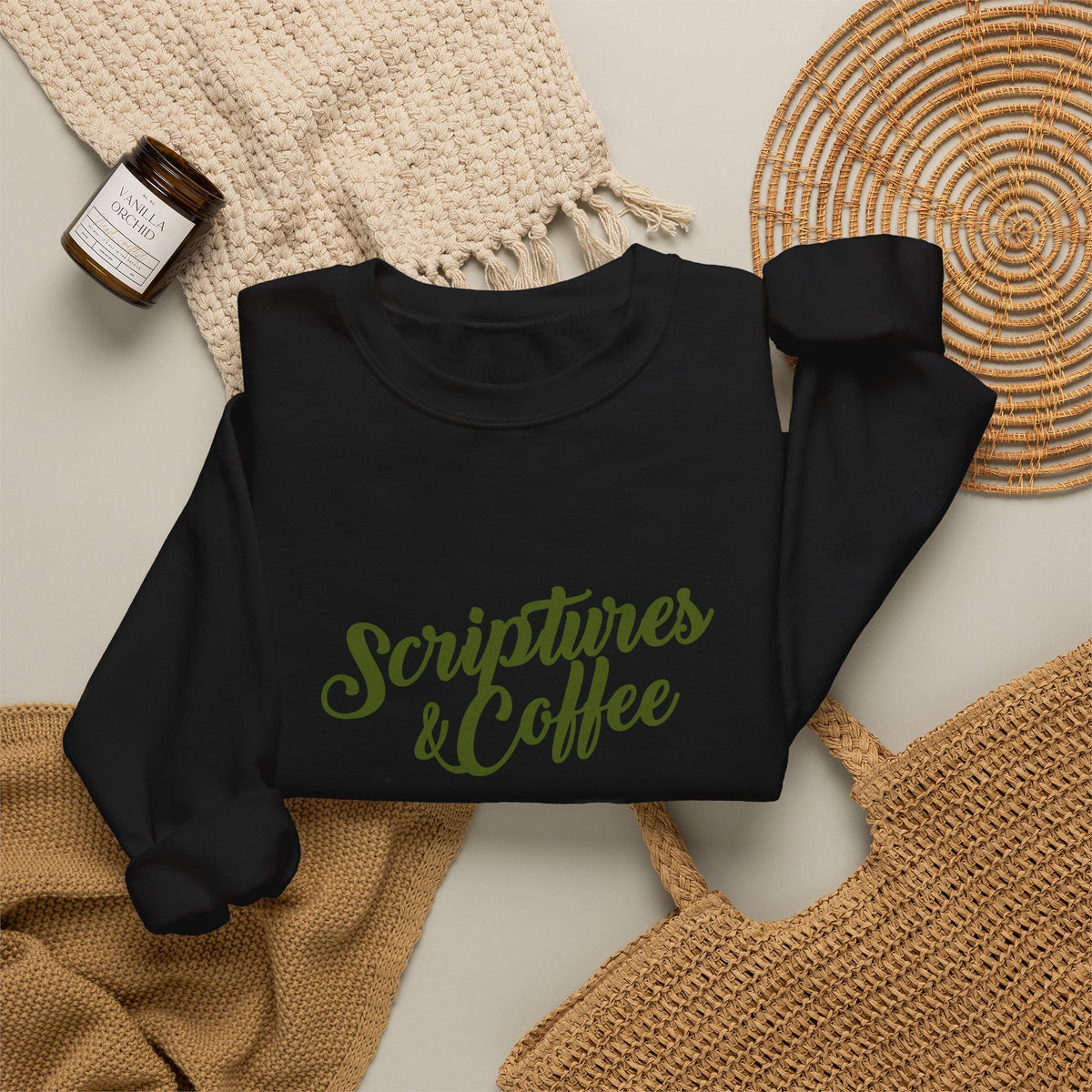 Scriptures & Coffee Crewneck Sweatshirt – Christian Faith & Coffee Graphic Pullover