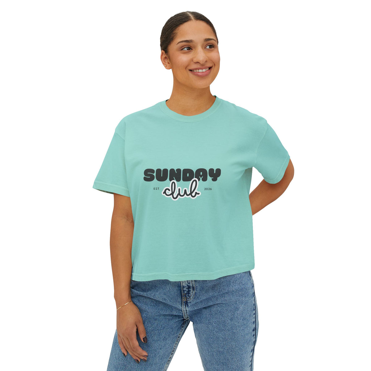 Sunday Club Women’s Boxy Tee — Casual Weekend Graphic Shirt
