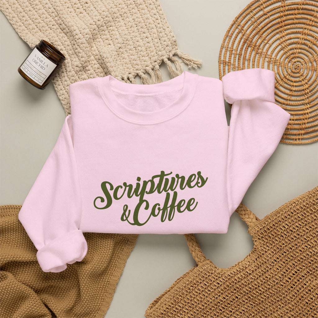 Scriptures & Coffee Crewneck Sweatshirt – Christian Faith & Coffee Graphic Pullover