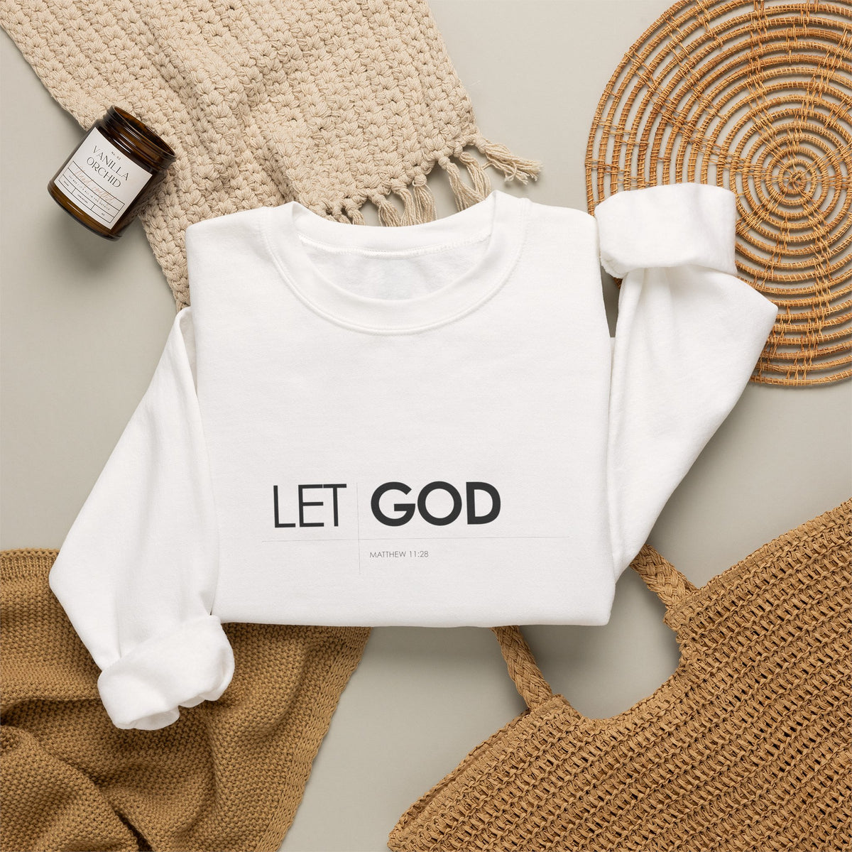 Let God Matthew 11:28 Crewneck Sweatshirt — Minimal Christian Faith Pullover